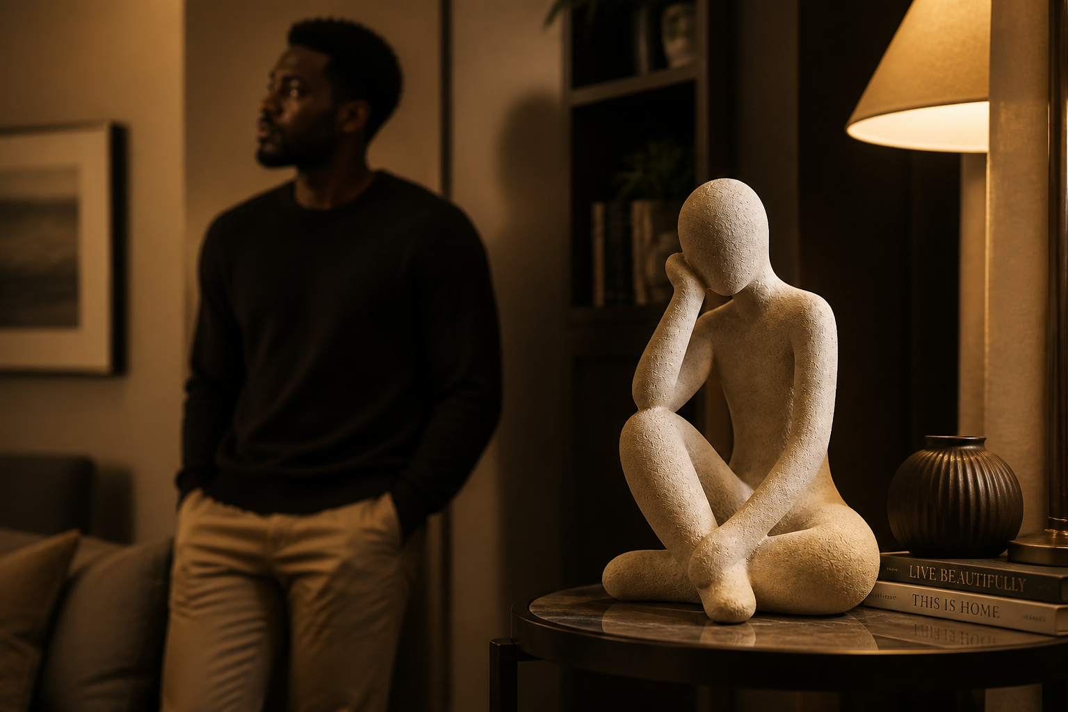 Silhouette of a person standing thoughtfully looking at an empty corner in their living room, with warm evening light from a nearby lamp casting a cozy glow