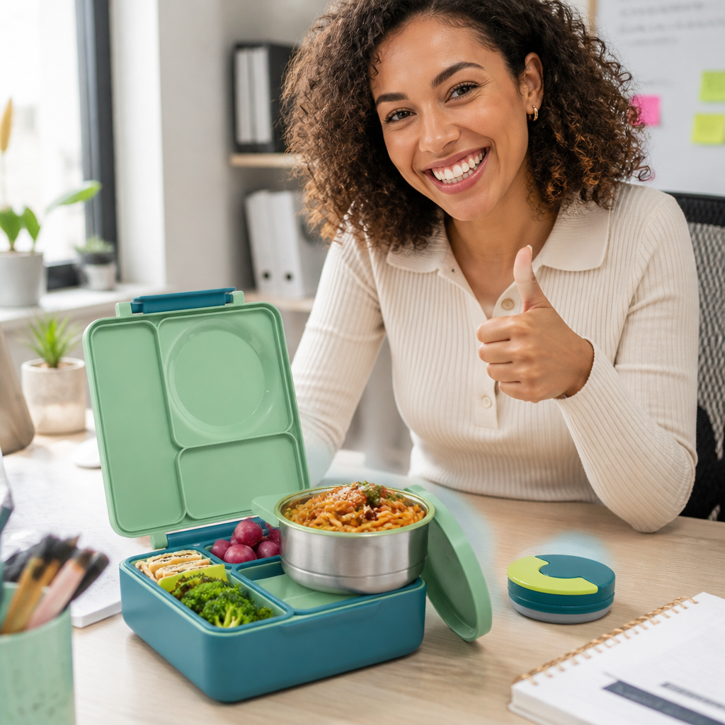 A happy young woman unboxing a Pink Bento Box at her office desk giving a thumbs up with a big smile