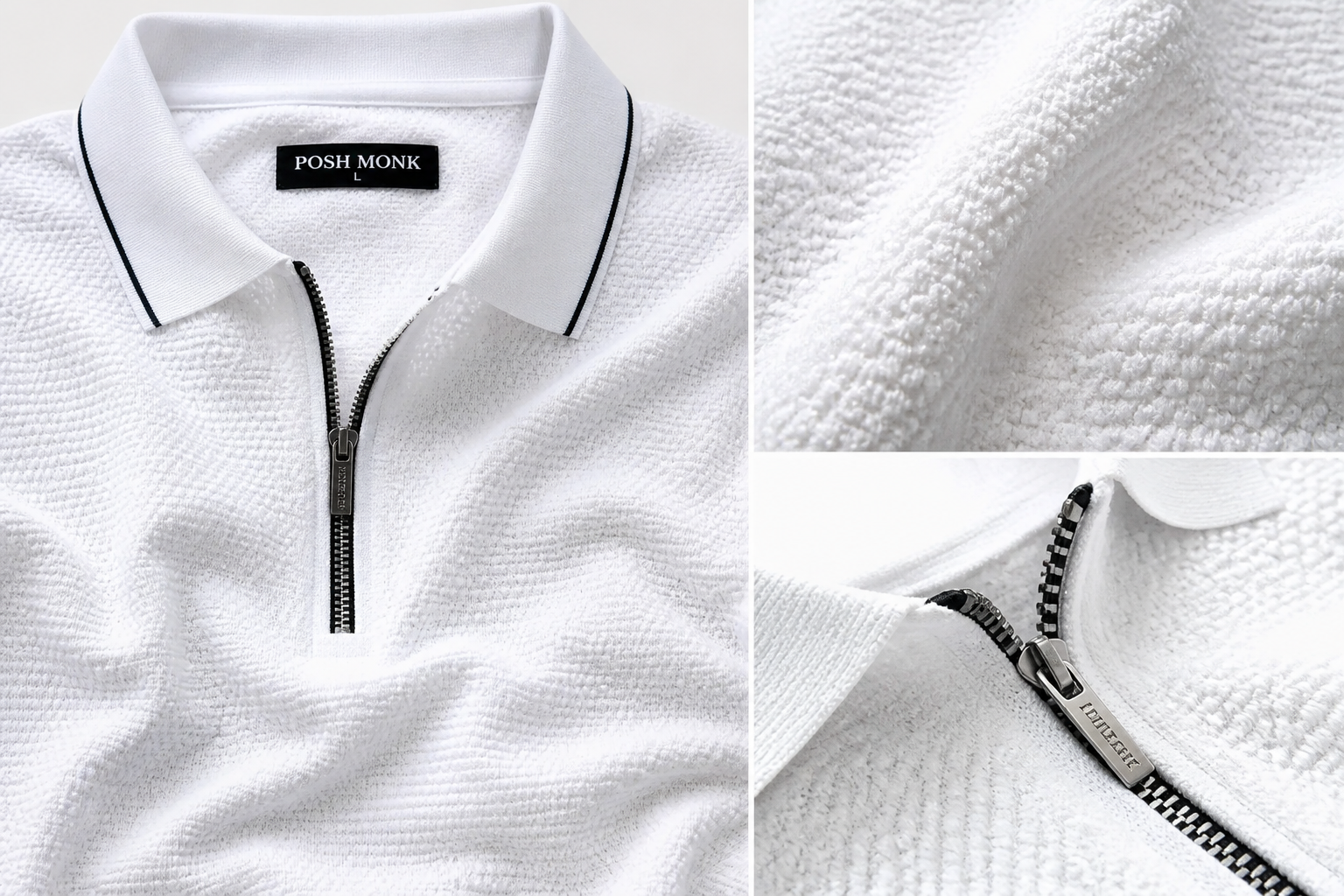 Close-up detail collage of the premium 100% cotton fabric, the structured collar shape, and the textured flat-knit pattern of the Posh Monk polo