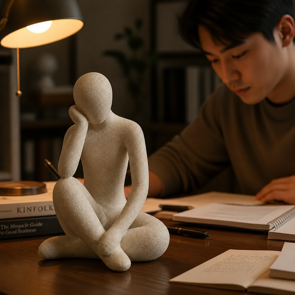 Lifestyle photograph of the abstract thinker accent resin placed on a wooden study desk beside books and warm lamp light in a sophisticated home office