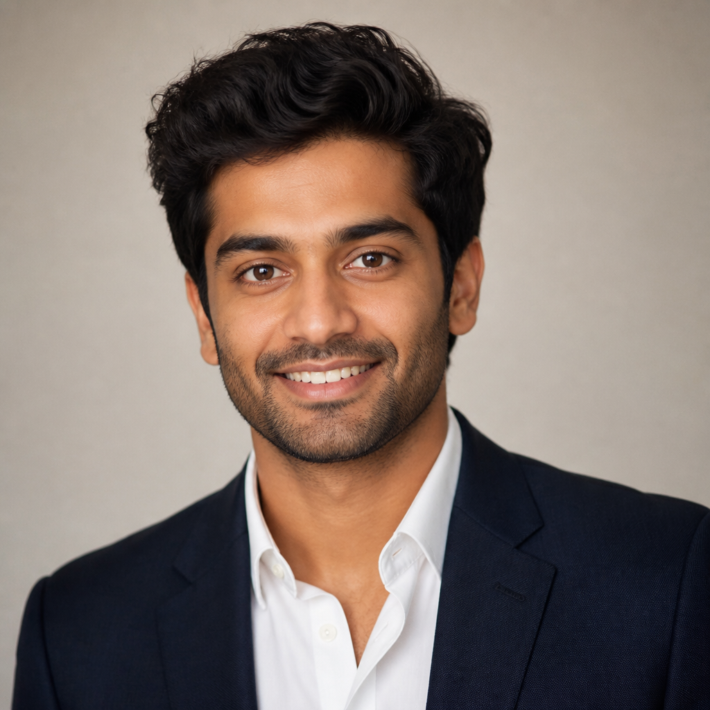 Friendly young Indian man with short dark hair and warm brown eyes, smiling naturally at camera in soft daylight, head-and-shoulders portrait with blurred green outdoor background