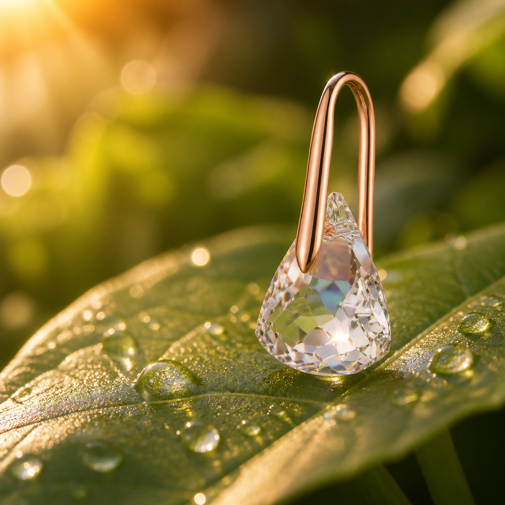 Macro nature photograph of a clear water droplet resting on a fresh green leaf, soft blurred botanical background, golden hour sunlight, showing the inspiration for the Lunar earring shape
