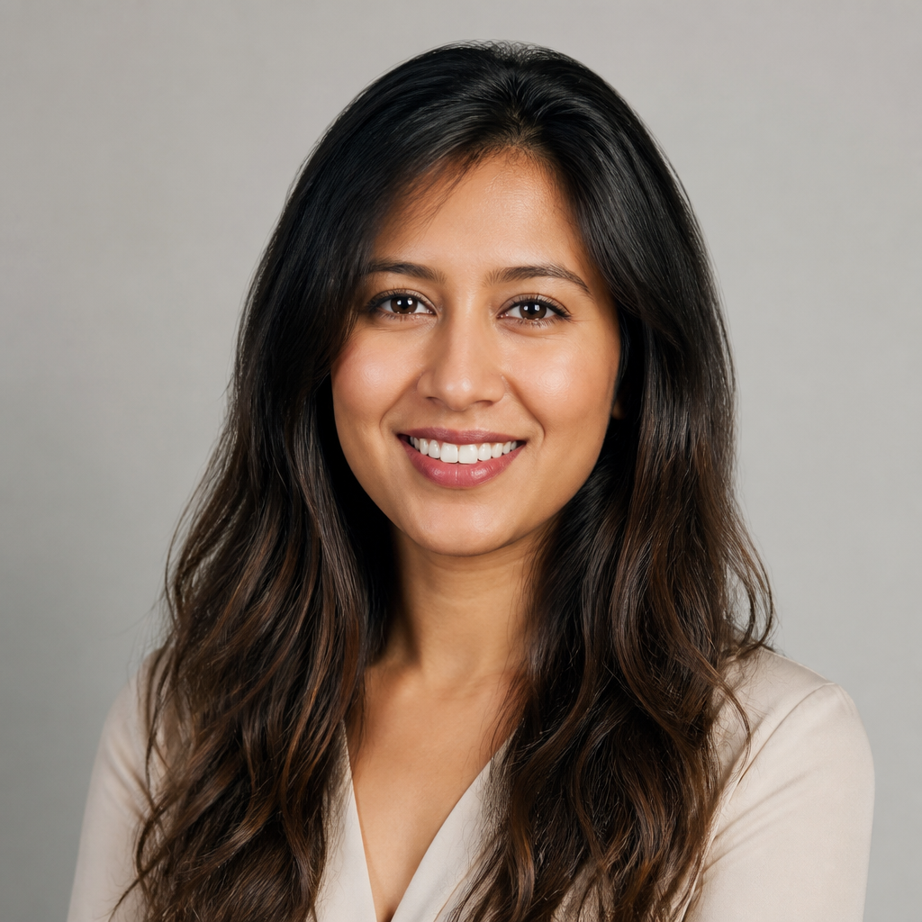 South Asian woman with long dark hair, warm smile, cream knit sweater, soft window light, shallow depth of field, natural portrait