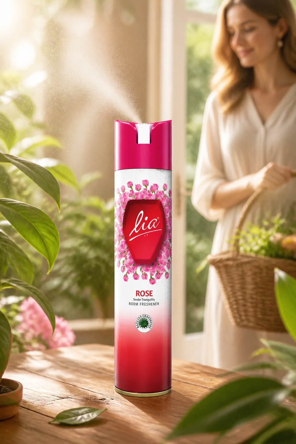 Ripple room freshener bottle with fresh green leaves and botanical elements, showing lasting fragrance in warm conditions with visible fine mist particles staying in the air longer