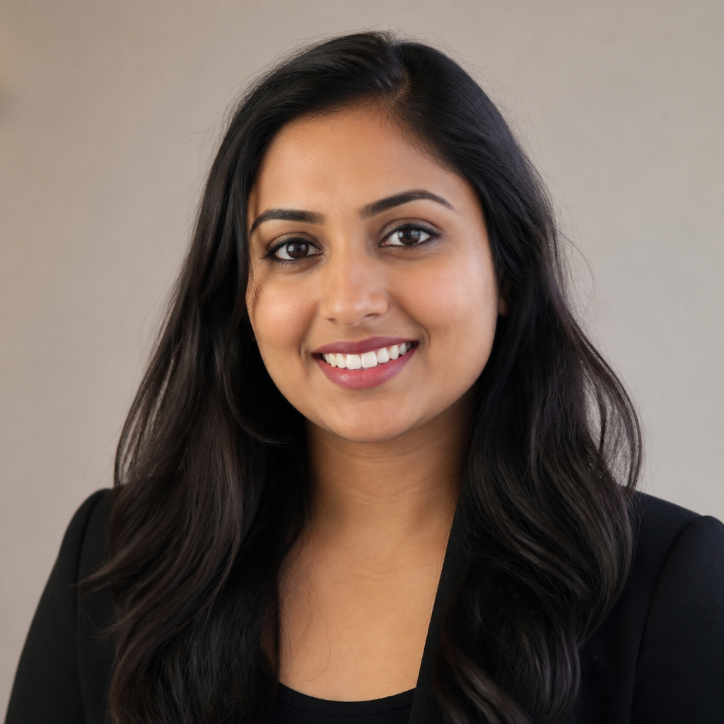 Warm portrait of an Indian woman in her early thirties with long dark wavy hair, gentle smile, golden hour light streaming in, softly blurred living room background, candid headshot