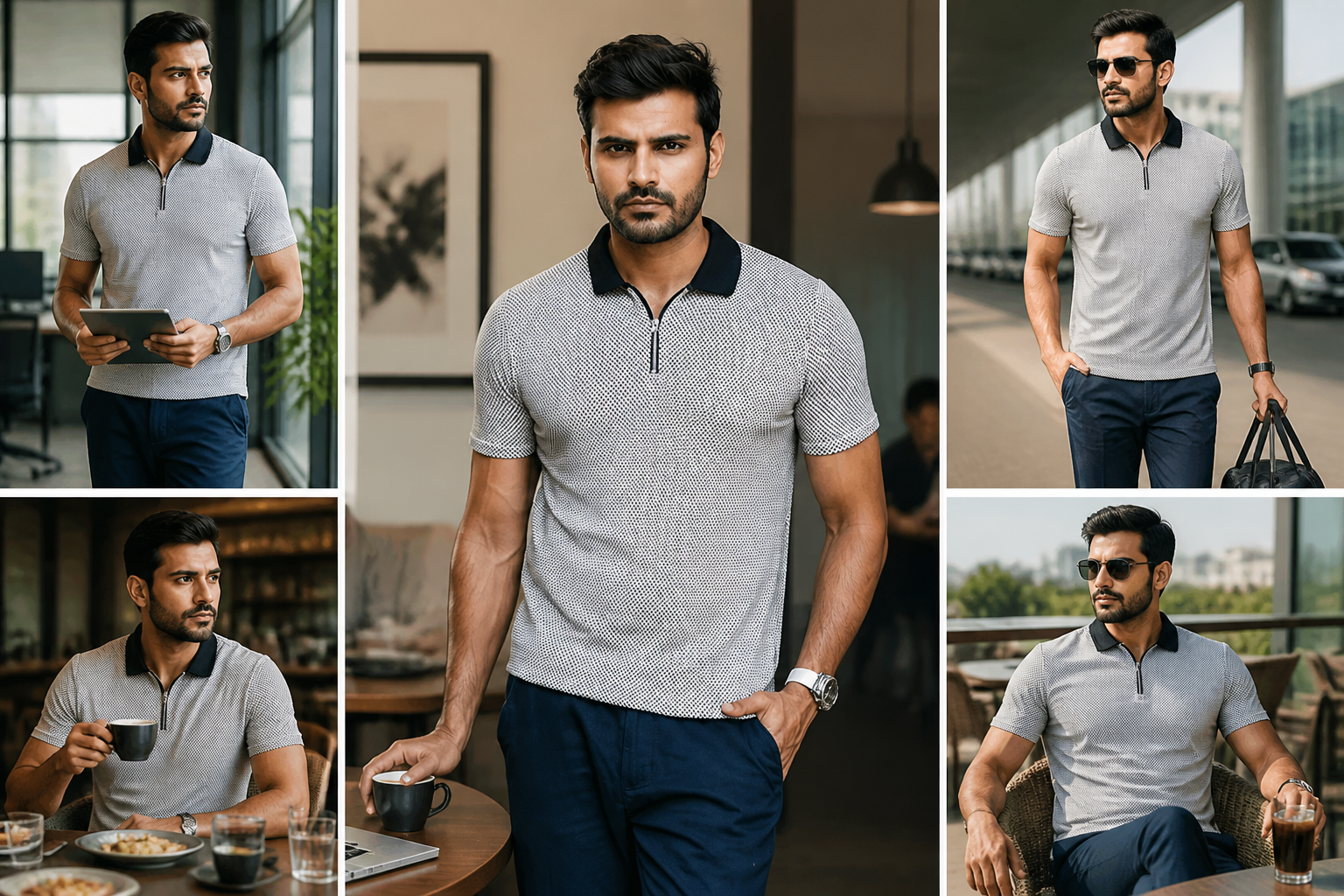 Lifestyle collage of an Indian man wearing the Posh Monk polo in office, brunch, travel, and weekend settings, sharp and effortless