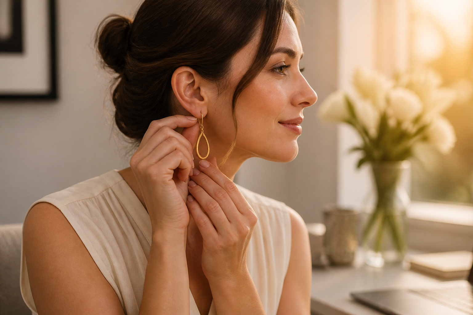Final lifestyle photograph of a confident woman adjusting her Lumen Hooks earrings in soft golden hour light with a gentle smile