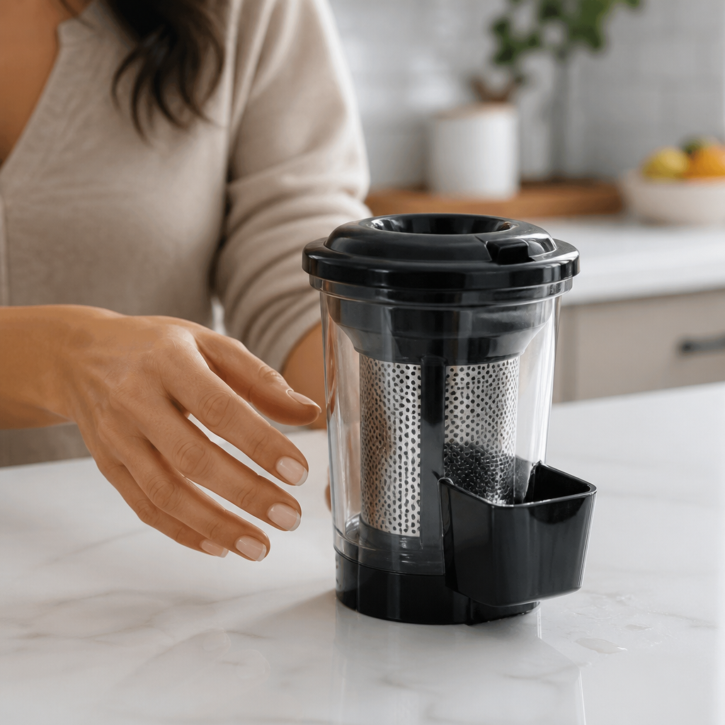 Close-up detail thumbnail of the centrifugal juicer attachment with stainless steel mesh and pulp collector