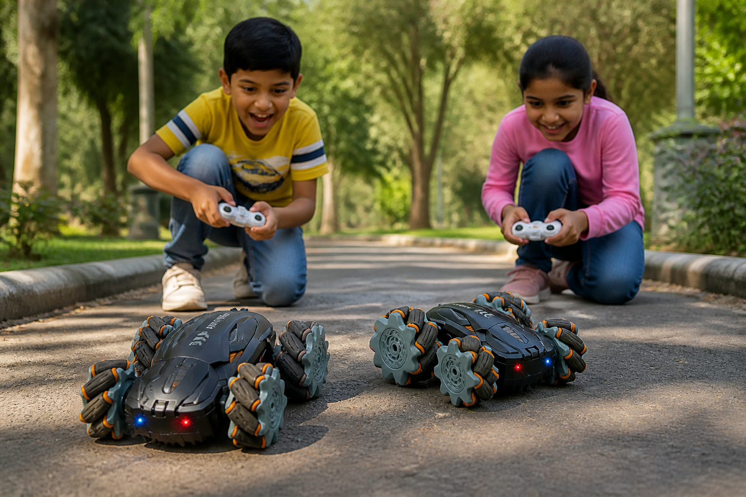 Two Indian kids crouched on a park pathway racing two GRAPHENE 4X4 cars against each other, excited expressions