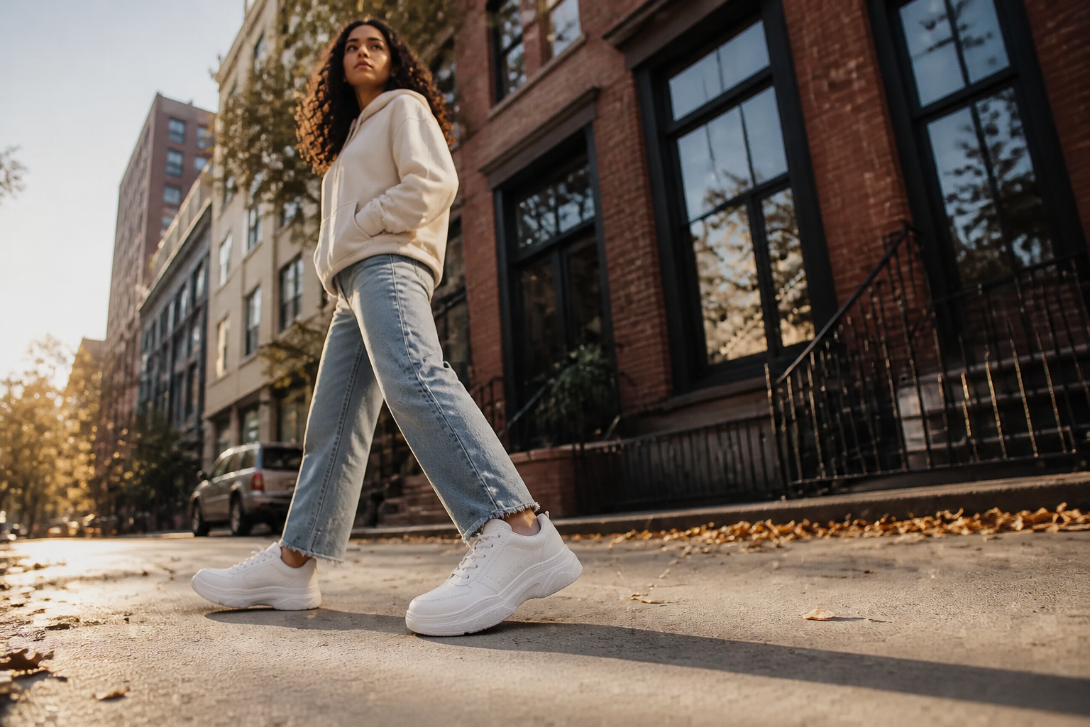 Wide cinematic lifestyle hero shot of a confident young person wearing Nike Sneakers 3 walking down a clean sunlit city street at golden hour