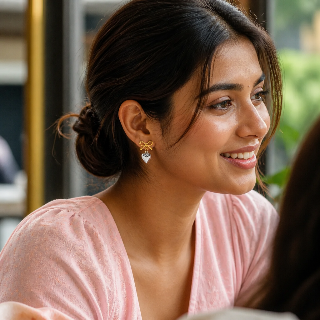 Joyful Indian woman in a soft pink dress wearing the Love Heart Earrings at a cafe, natural window light, lifestyle testimonial photography