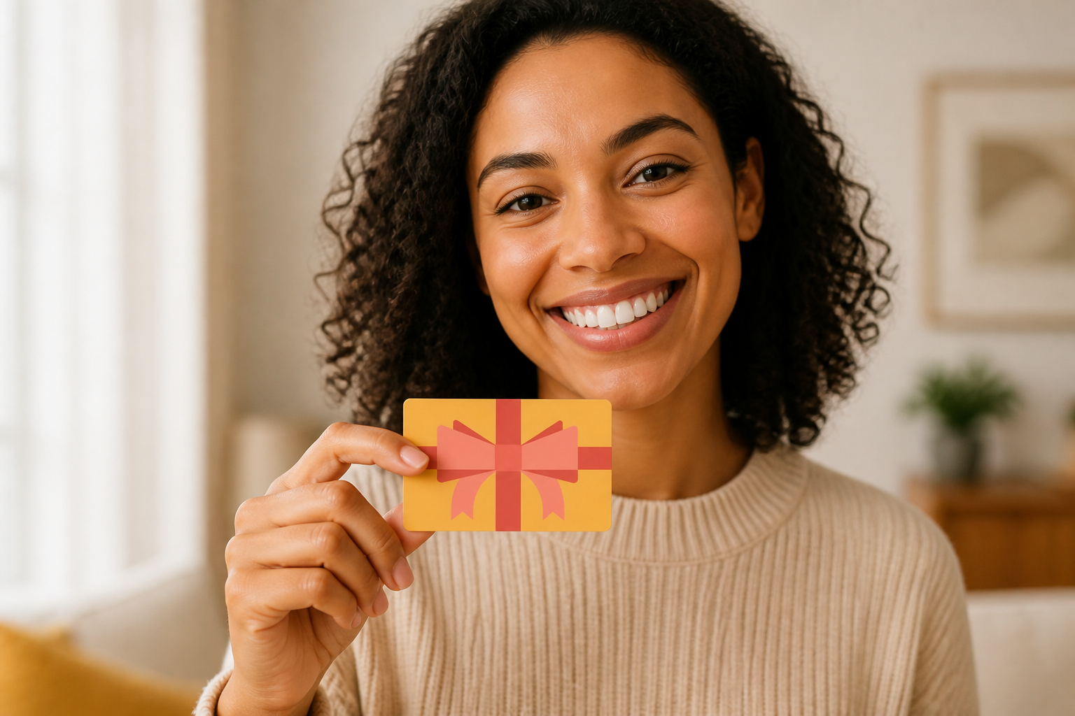 A happy recipient holding a gift card with a bright smile, surrounded by warmth and joy in a softly lit room
