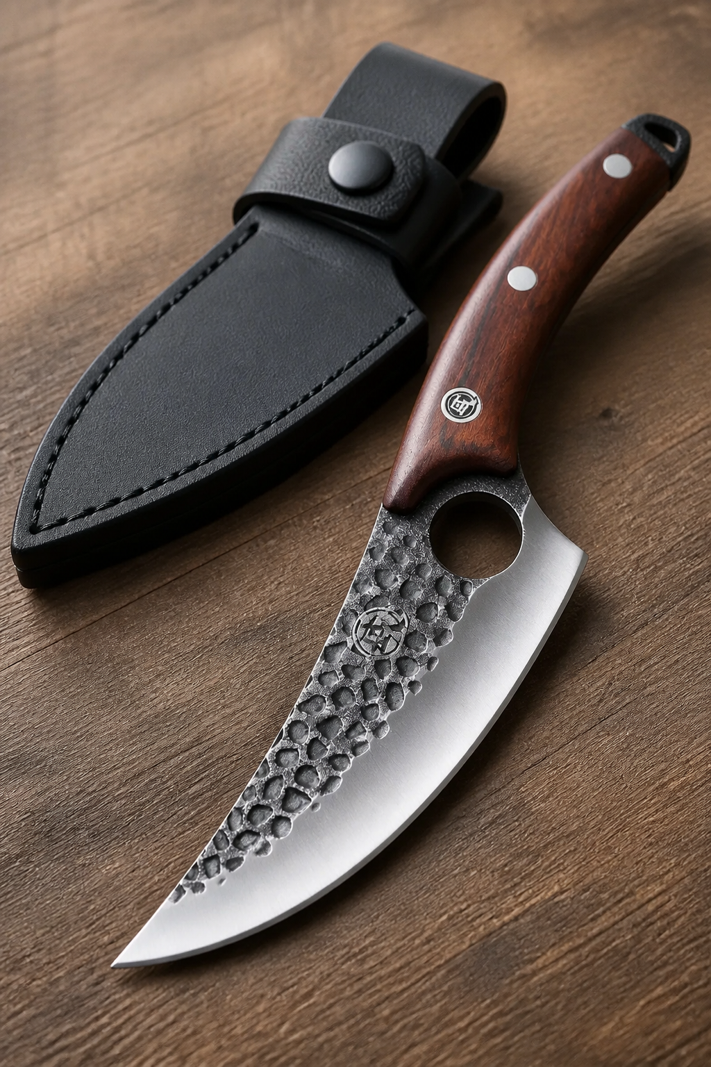 Detailed professional product shot highlighting stainless steel blade edge razor sharpness wooden ergonomic handle grip and protective sheath with callout annotations