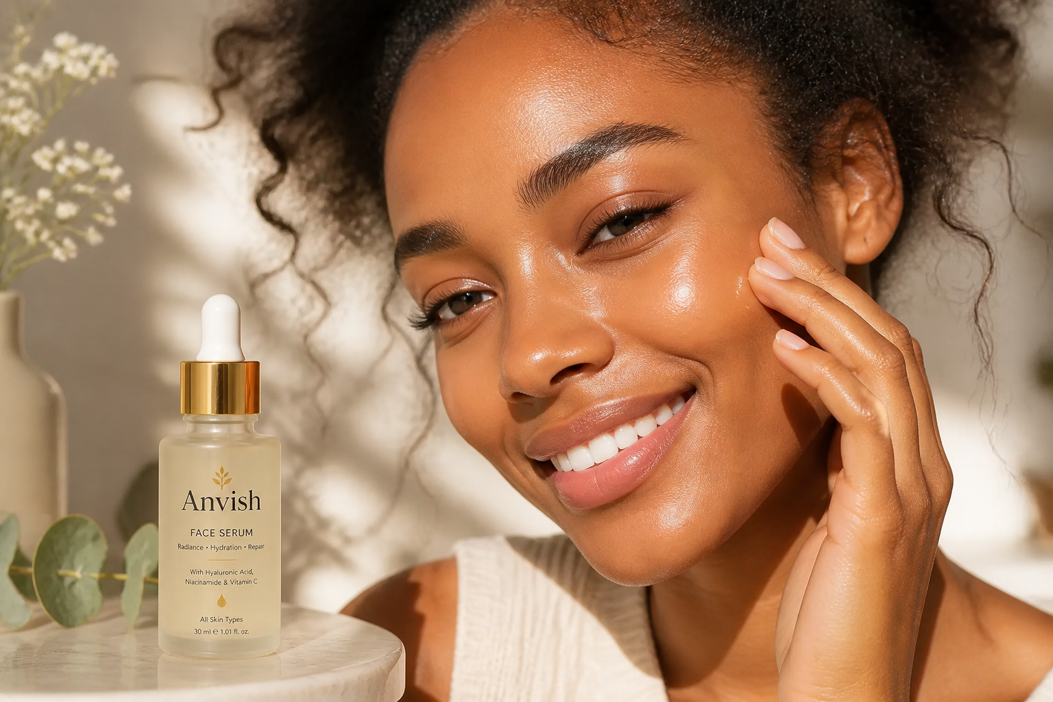 Radiant glowing face with soft golden skin, dewy highlights, smooth texture, and a gentle bright smile under warm natural light