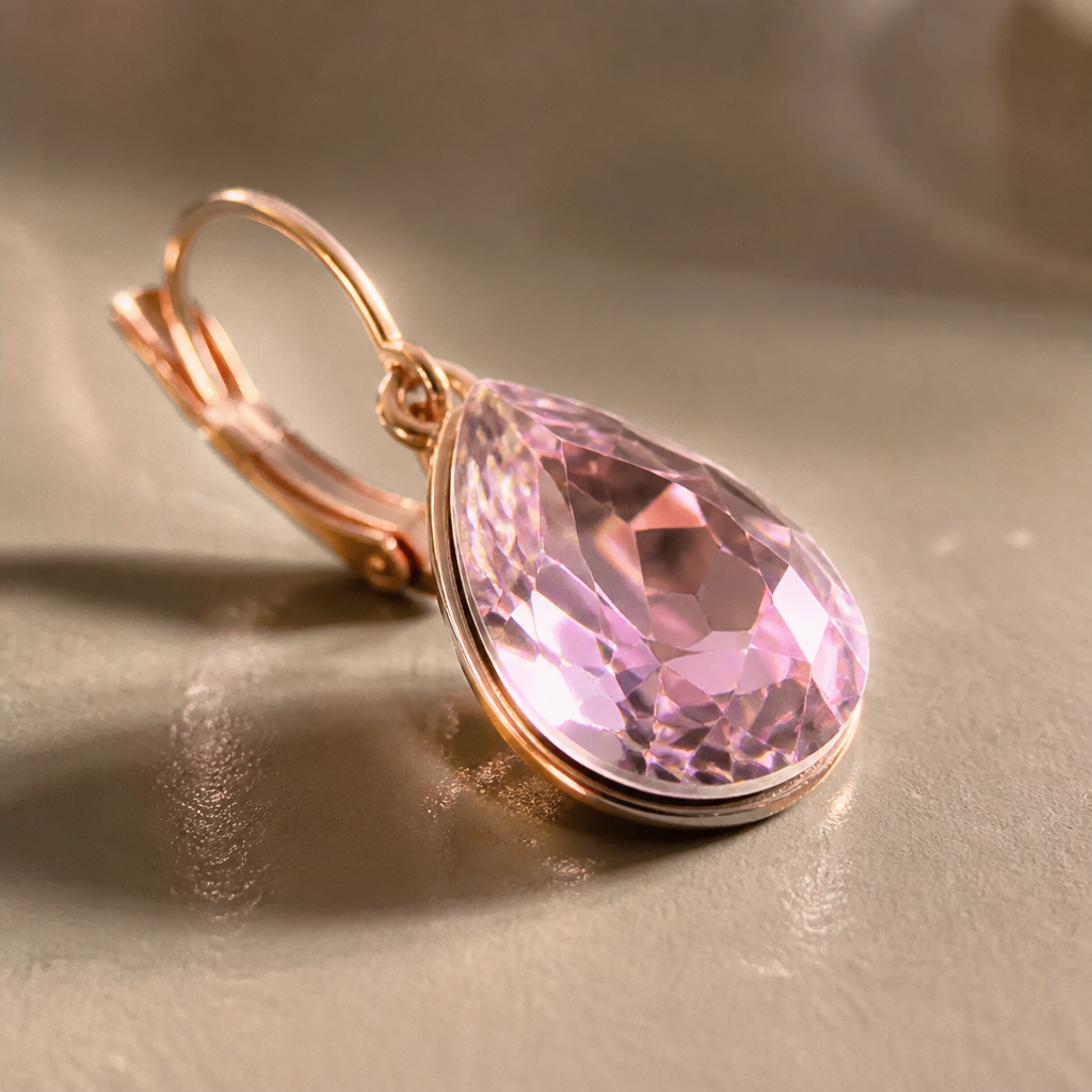 Macro close-up of the exclusive Toupie cut crystal showing faceted edges and pink brilliance