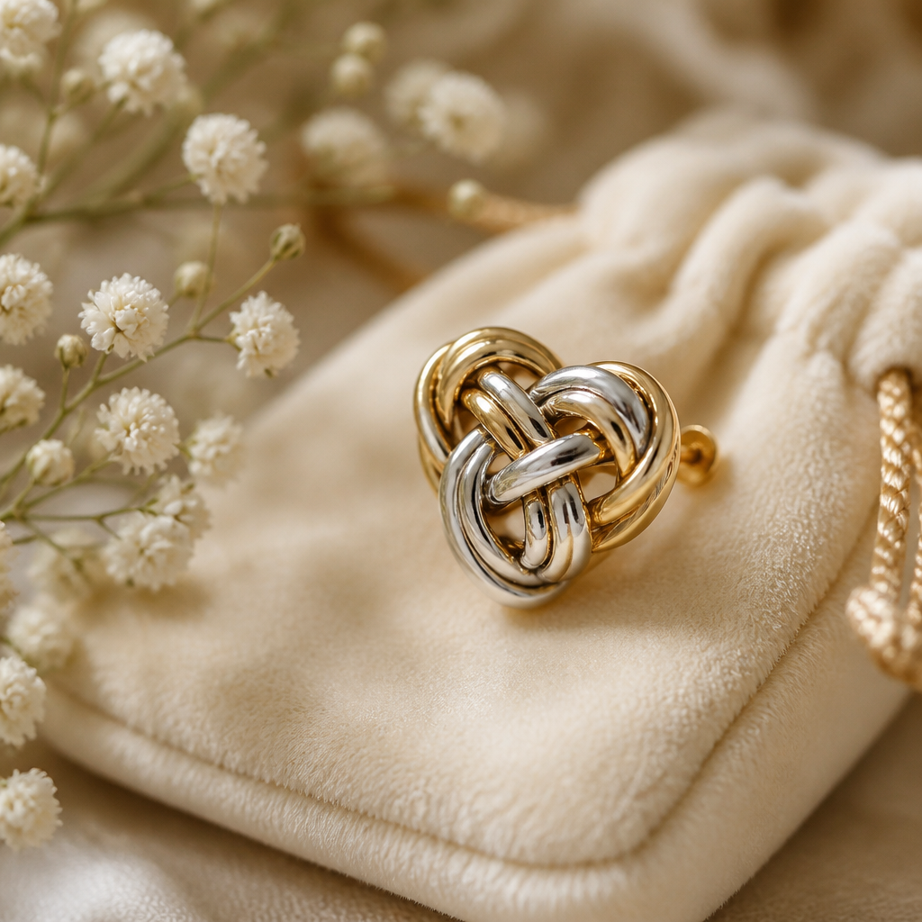 Macro close-up of a delicate gold and silver wrapped knot design on a heart-shaped earring, soft focus background, warm lighting, jewelry photography