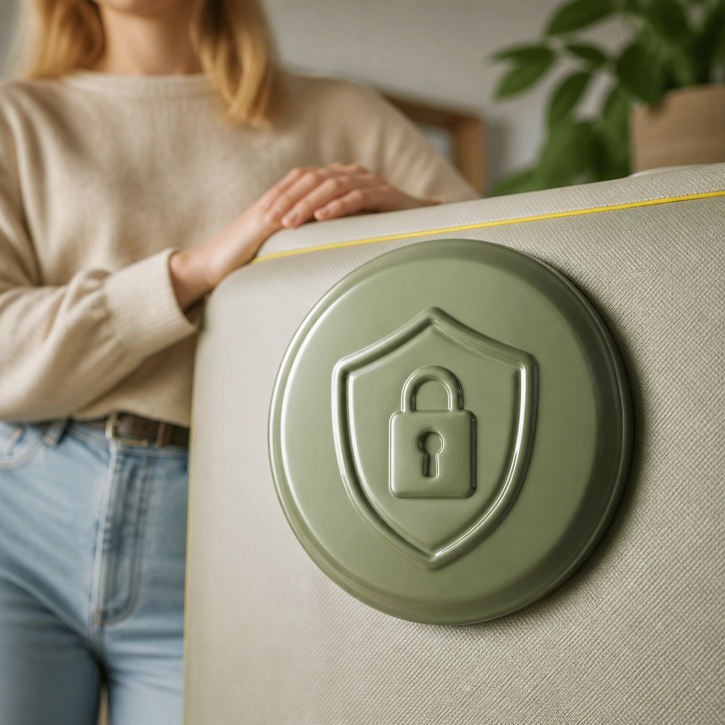 Shield icon with secure lock symbol representing protected belongings, showingCircurity luggage with safety guarantee