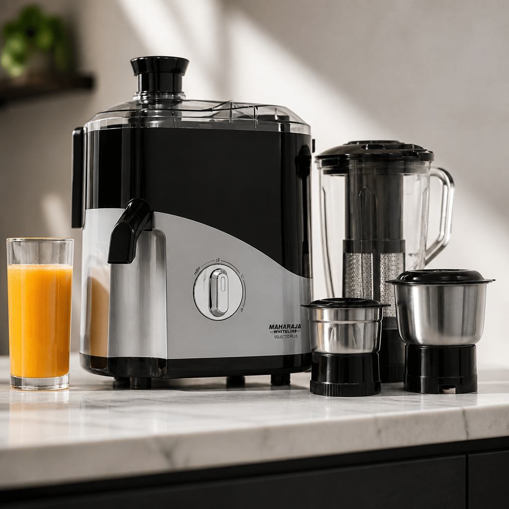 Premium glossy hero shot of the Maharaja Whiteline Selecto Plus in black and silver sitting on a clean white marble counter with a single tall glass of fresh orange juice beside it, sharp editorial lighting