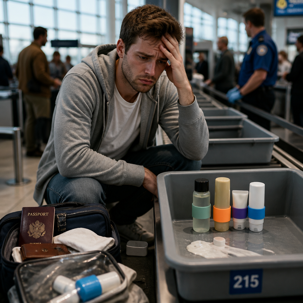 Exhausted frustrated traveler at airport security checkpoint looking distressed after discovering their toiletries have leaked and ruined their clothes