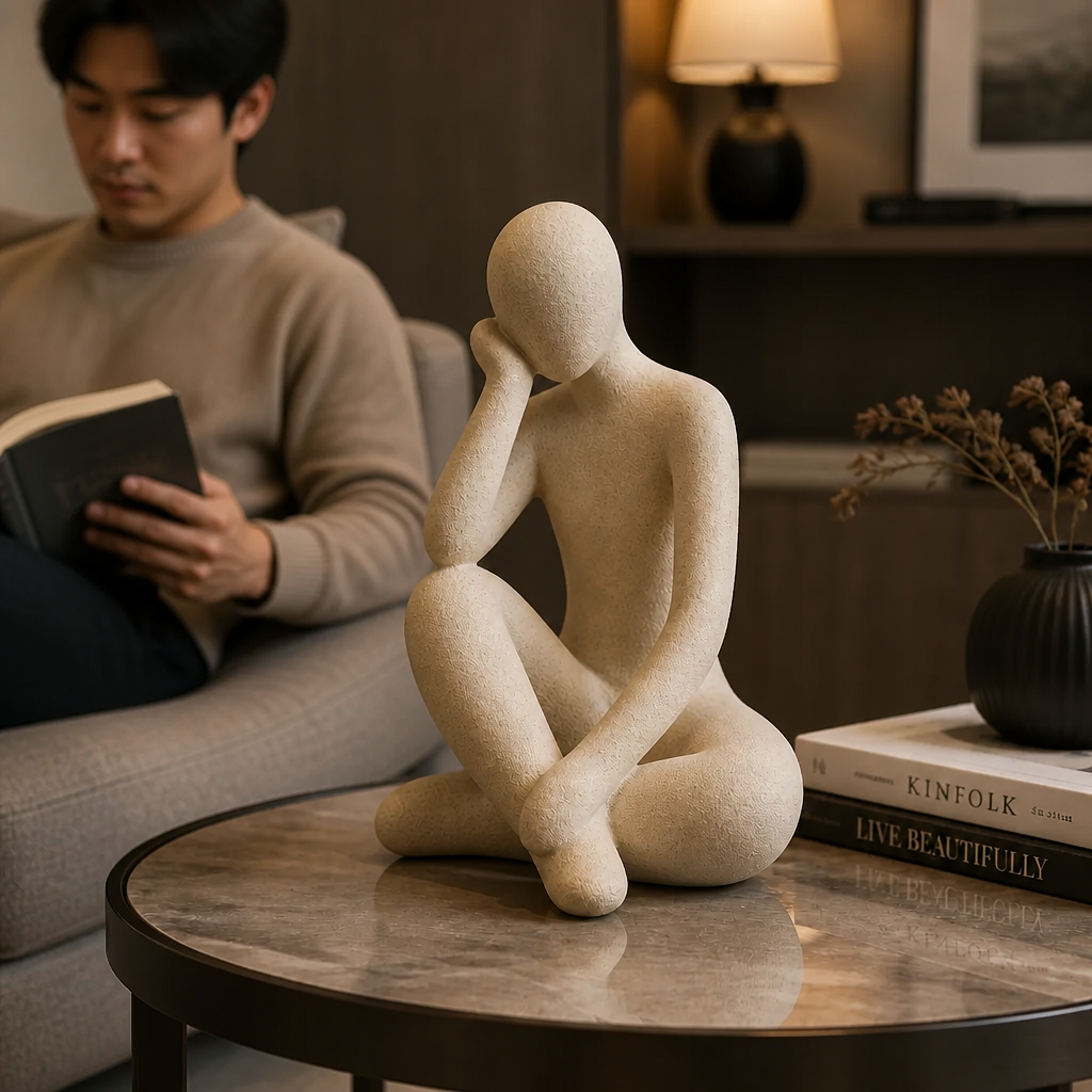 Lifestyle photograph of the abstract thinker accent resin displayed as a centerpiece on a modern coffee table in a sophisticated contemporary living room