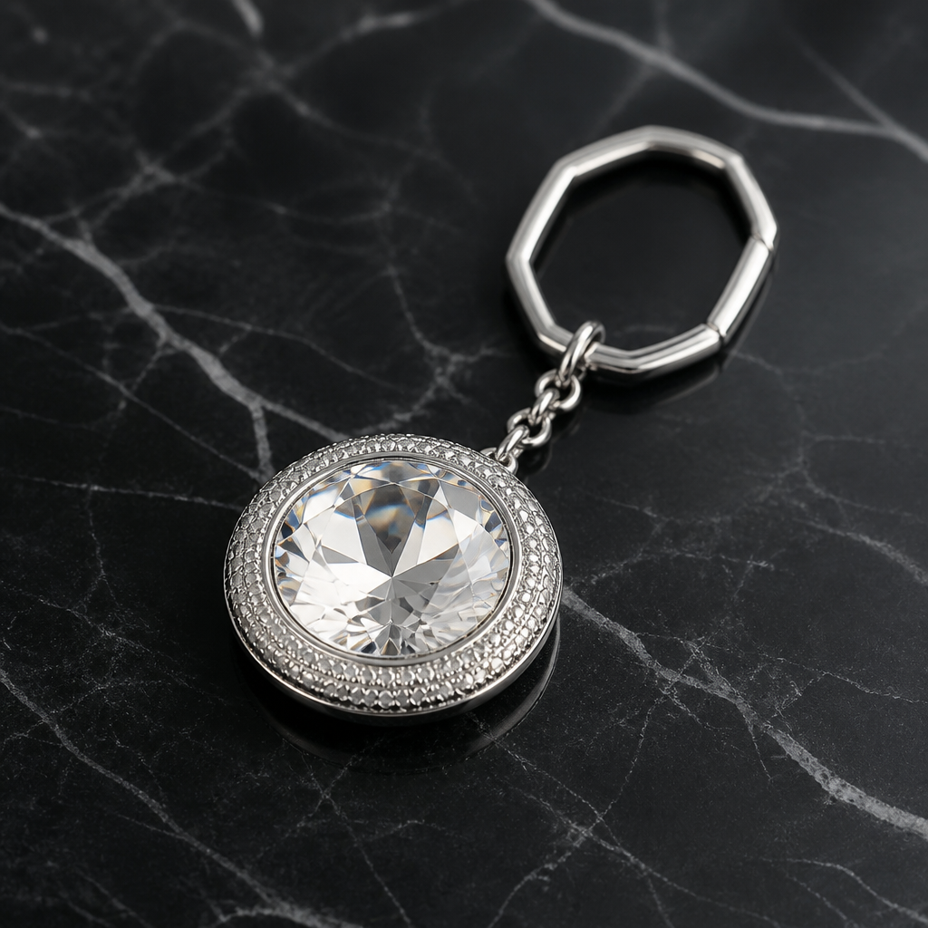 Minimalist moody graphic showing a low stock counter next to a glowing white Swarovski crystal charm on a black marble surface