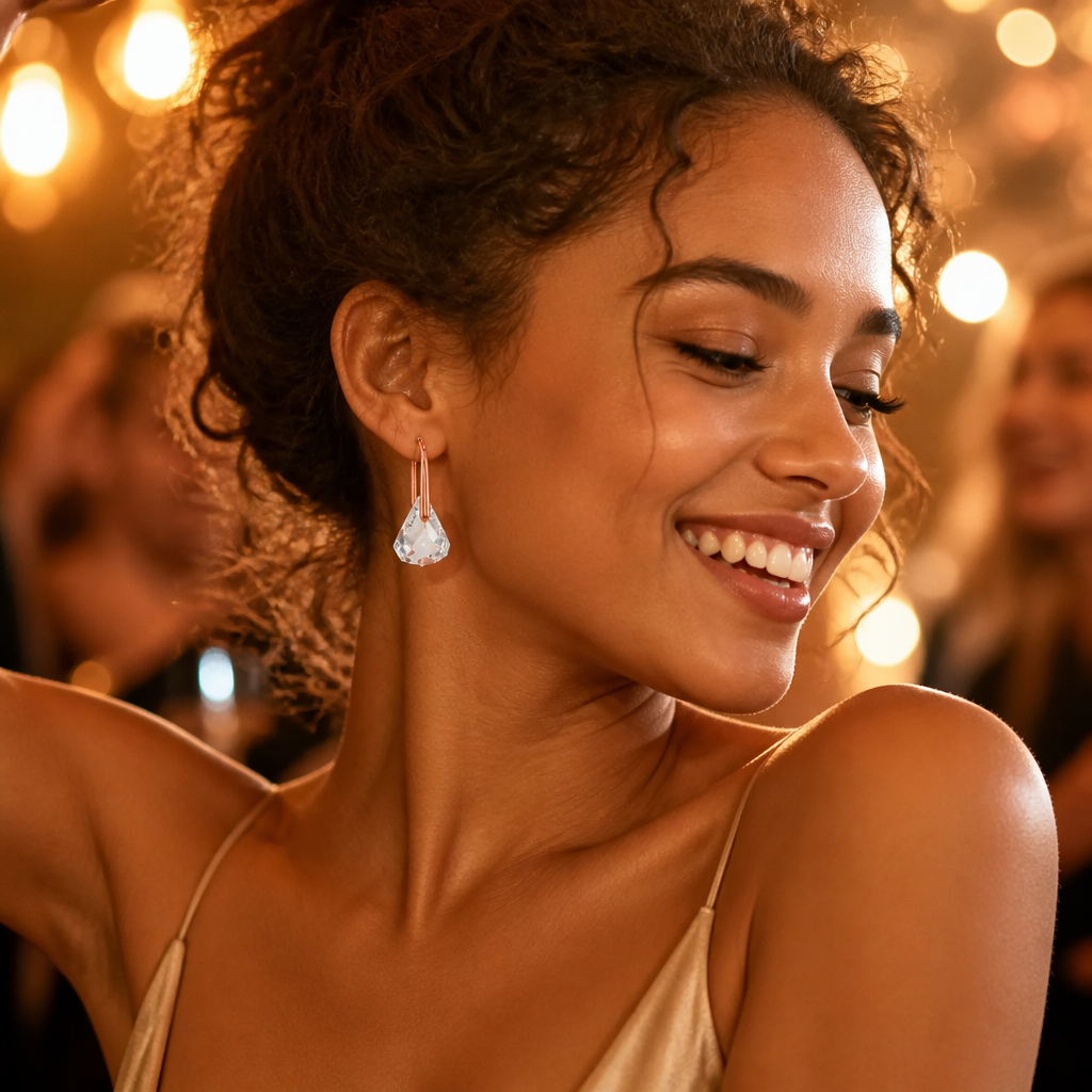 Young woman dancing at a party wearing Lunar drop earrings, rose gold earrings sparkling against her hair under warm evening lights