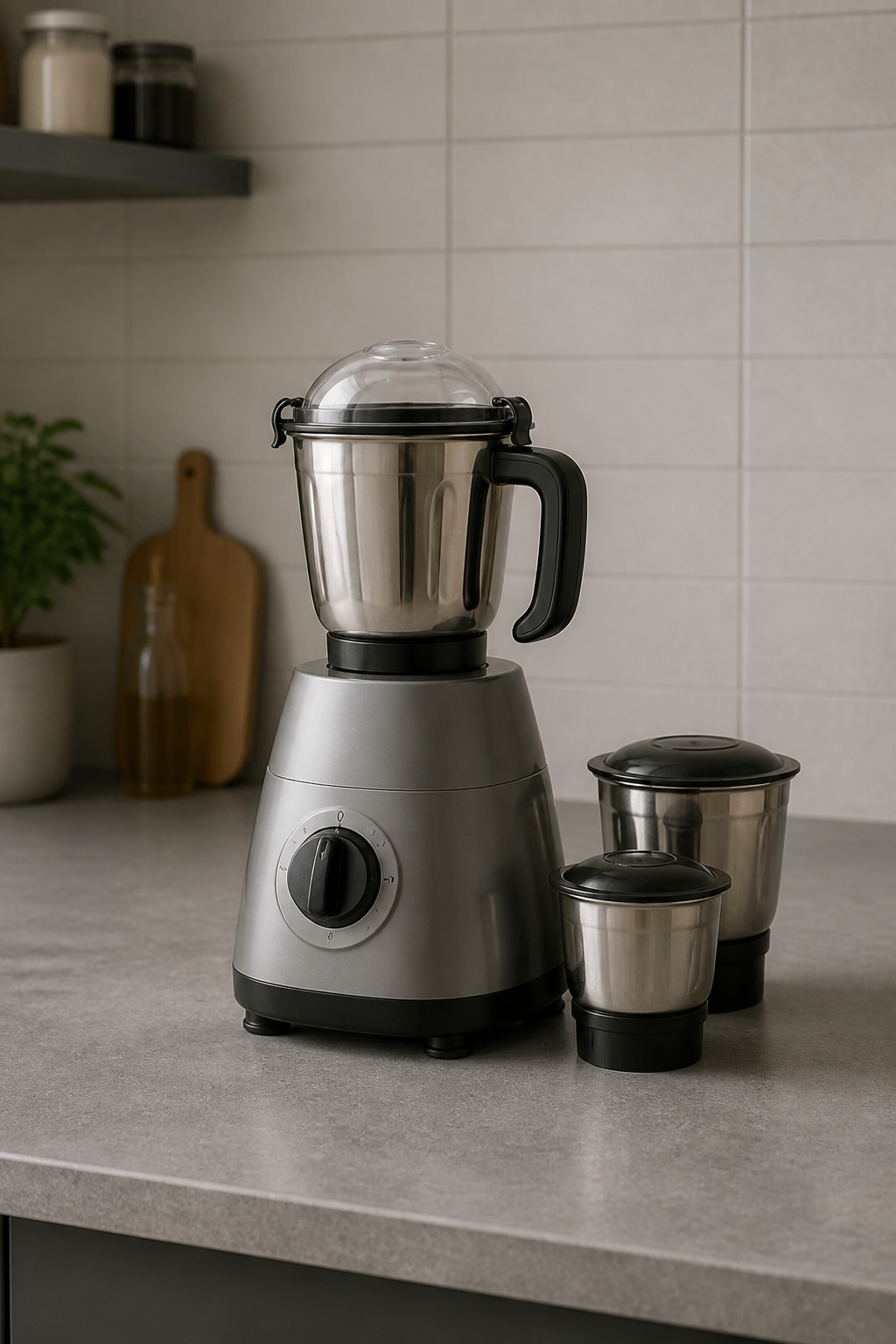 Plain unbranded mixer grinder with no logo, muted grey tones to depict the no-longer-needed appliance