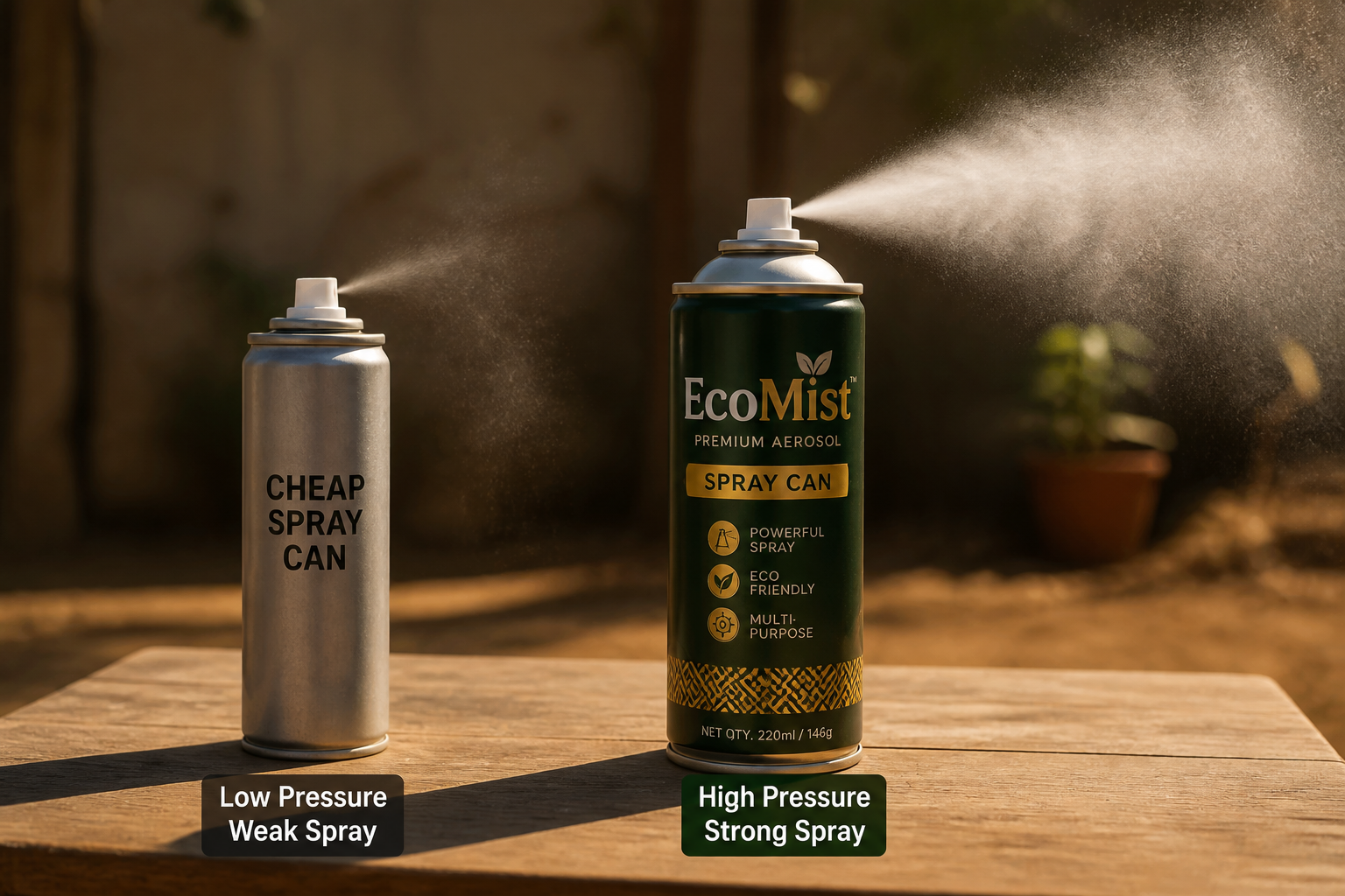 Split comparison image left side showing generic unbranded cheap aerosol spray can barely producing a fading mist under harsh Indian sunlight