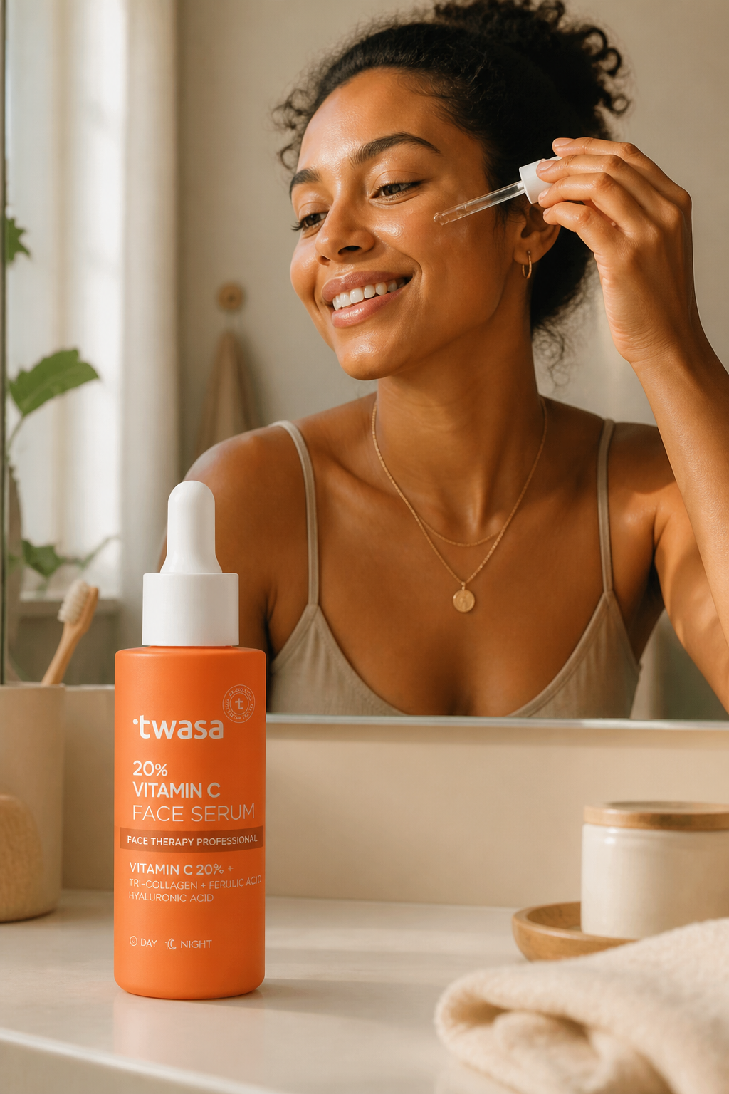 Lifestyle image of a happy woman applying Twasa Vitamin C serum drops in front of a mirror, smiling at her glowing radiant reflection