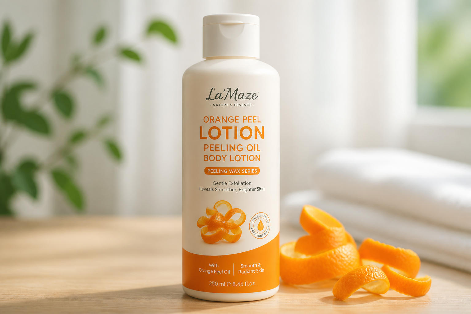 Hero product shot of La'Maze orange peel peeling oil bottle surrounded by freshly cut orange halves on a soft white marble surface with golden hour light streaming in from the side, premium beauty editorial styling