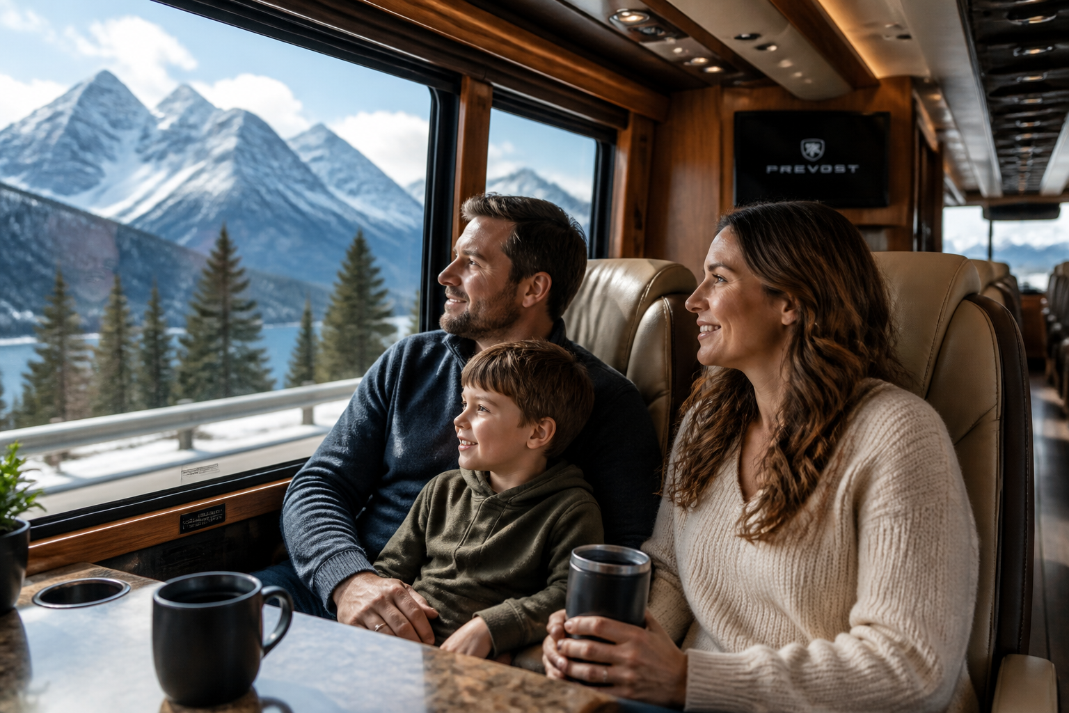 A family enjoying scenic mountain views from a luxury motorcoach window with snow-capped peaks in the background