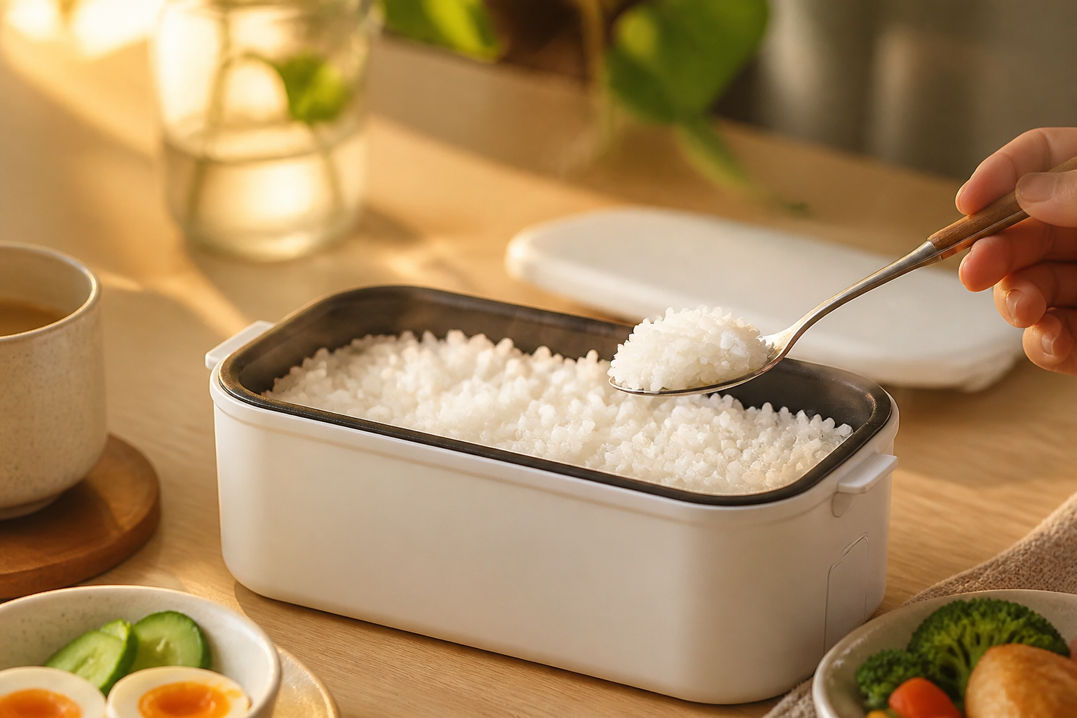 Final inspirational image showing an open lunch box with perfectly steamed hot rice, fork poised to eat ready to take a bite, warm golden hour lighting creating cozy inviting atmosphere, small plants and coffee cup in background suggesting a peaceful dining experience, appetizing and inviting food photography