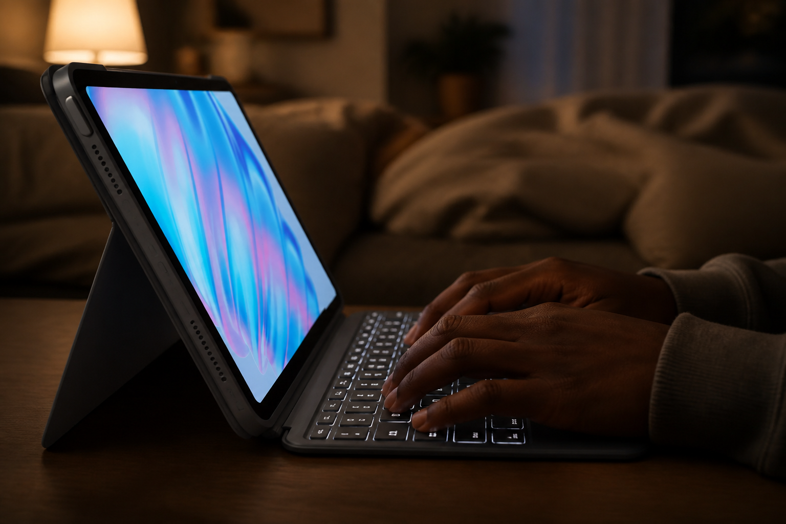 Lifestyle shot of a person typing on the Combo Touch keyboard with backlit keys glowing in a dark cozy bedroom setting