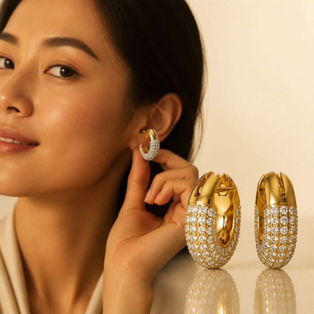 Dazzling close-up of the Dextera hoop earrings in 18K gold finish catching the light, glittering pav&eacute; crystals with rich golden warm tones and dramatic sparkle