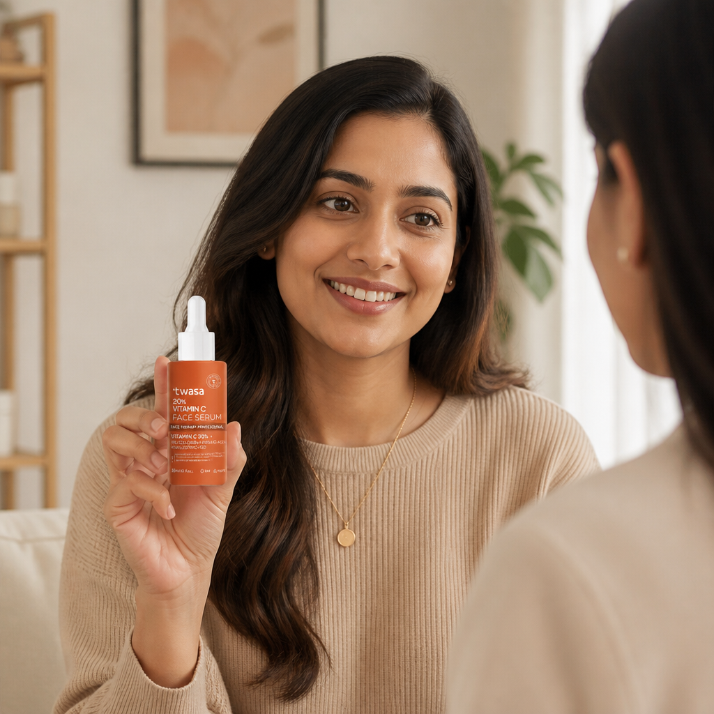 Friendly Twasa customer support representative helping a happy Indian customer holding their Vitamin C serum bottle with confidence