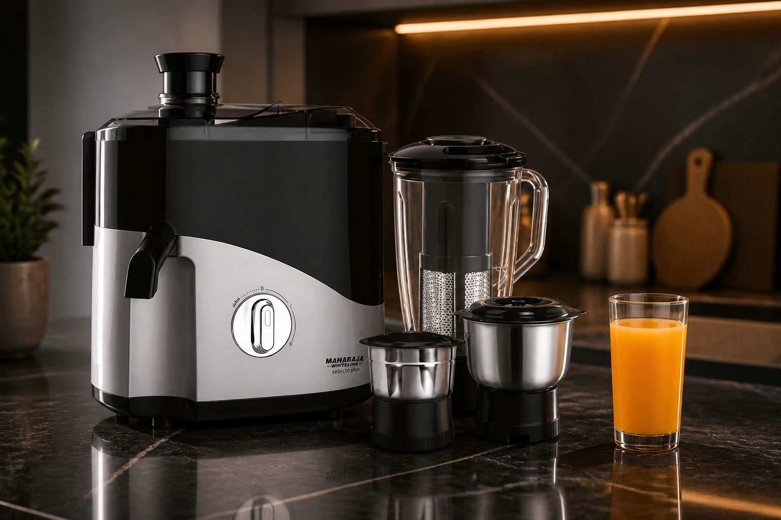 Editorial product hero shot of the Maharaja Whiteline Selecto Plus juicer mixer grinder in sleek black and silver finish, sitting on a glossy black marble counter with a tall glass of fresh orange juice beside it, dramatic studio lighting