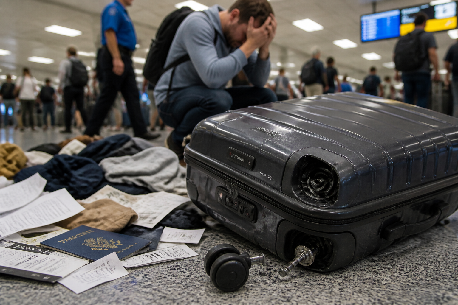 Generic broken luggage with snapped wheel axle lying on airport floor, surrounded by scattered belongings and stressed traveler
