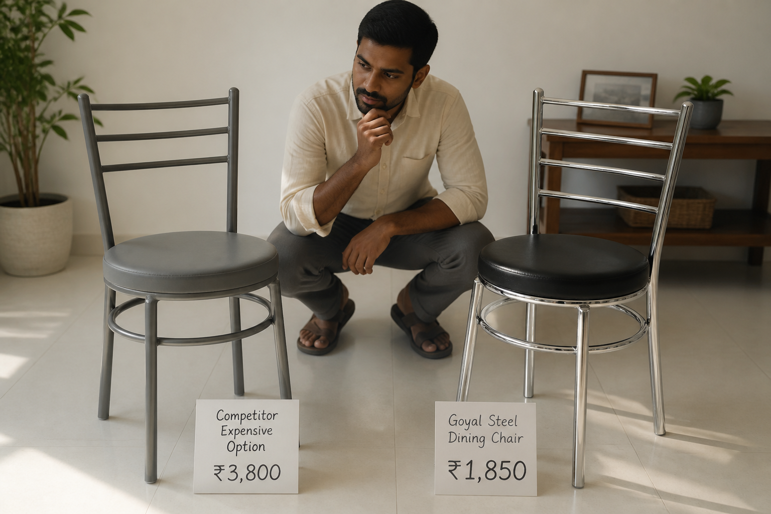 Clean infographic comparison showing a tall bar chart with competitor chairs priced at 12000 rupees next to the Goyal steel chair at 4946 rupees showing massive savings.