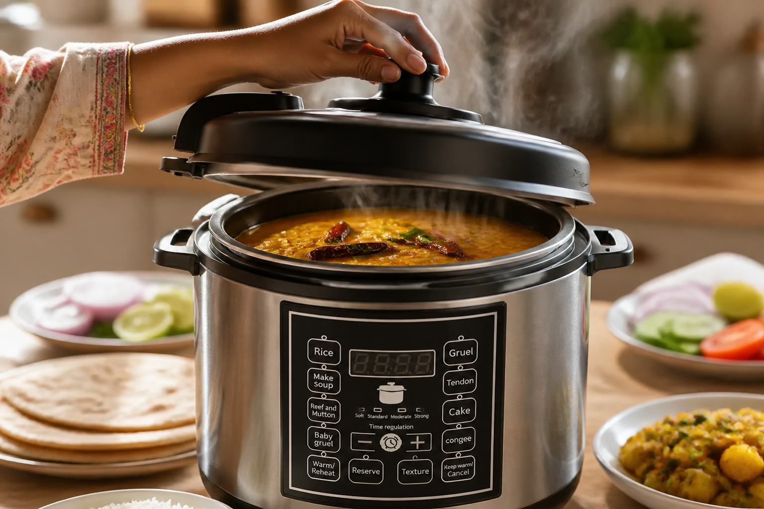 A pressure cooker open with steam rising, containing a hearty lentil dal with tempered spices on top