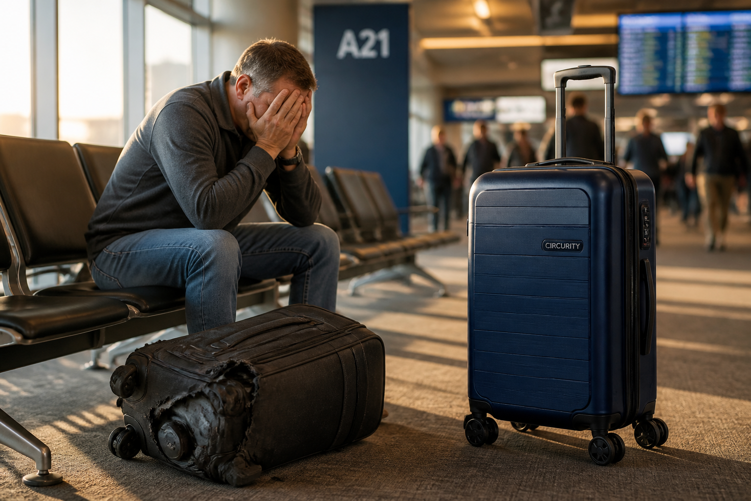 Frustrated traveler sitting alone at airport gate holding head in hands next to damaged generic luggage bag