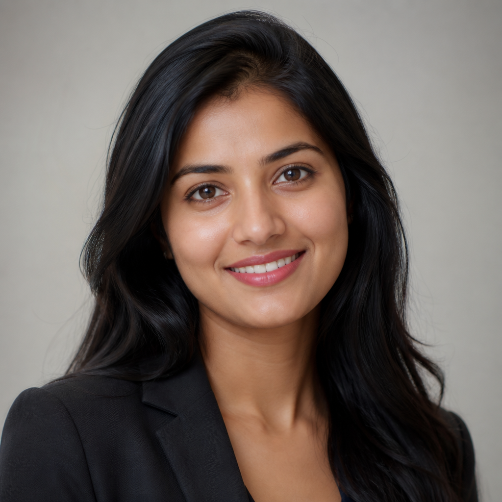 Close-up portrait of a confident young South Asian woman with long dark wavy hair, warm golden-hour lighting, soft smile, shallow depth of field