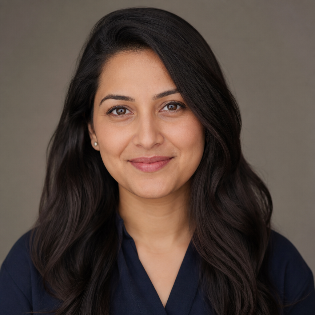 Close-up portrait of Priya Sharma, a warm Indian woman in her thirties, smiling gently, natural daylight from a window, soft blurred kitchen background, shallow depth of field