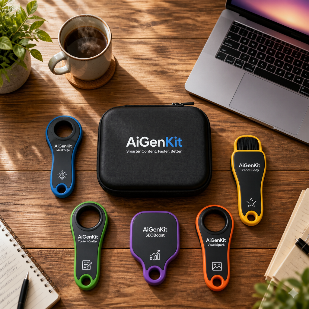 Bright AiGenKit flat-lay on a warm wooden desk with five colorful tools beside coffee and an open laptop