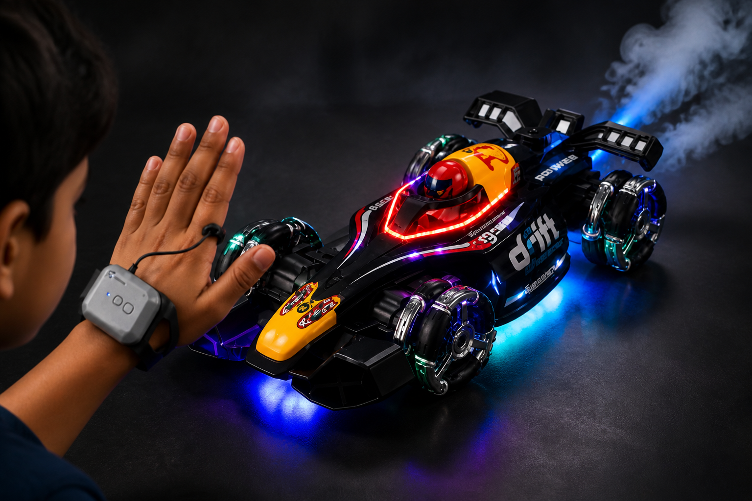 A child waving their hand in front of the GRAPHENE RC car as RGB lights glow under the chassis and white smoke trails drift from the rear exhaust, dark studio lighting