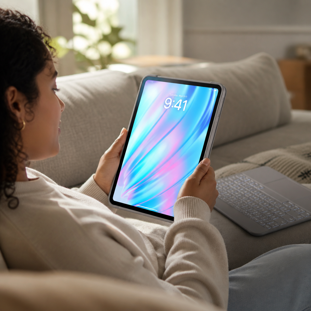 Read mode showing iPad Air with keyboard fully detached and tucked behind for a clean reading experience on a couch