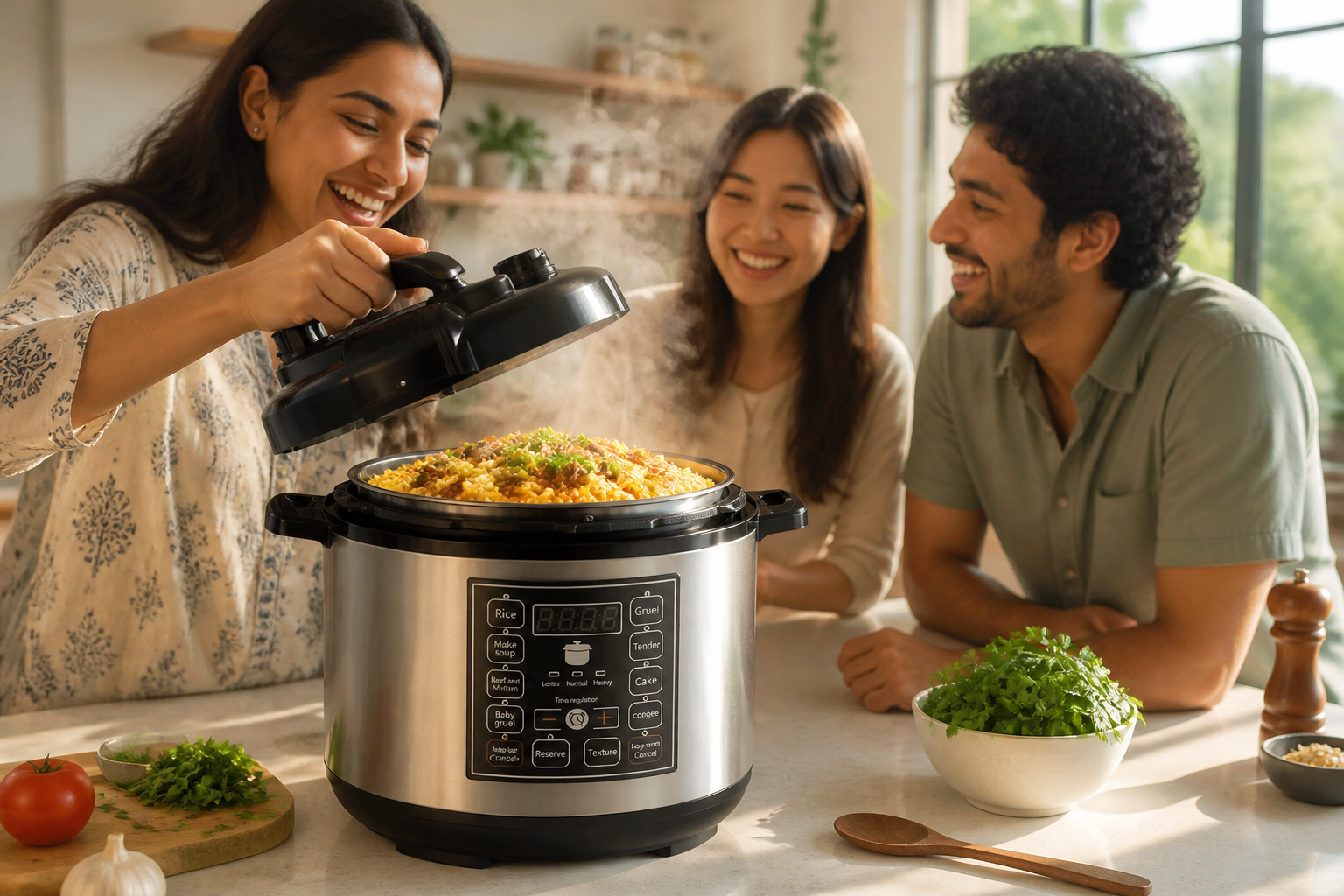 Group of three friends laughing and cooking a fragrant weekend biryani together in a sunlit open kitchen with the 5L pressure cooker open on the counter