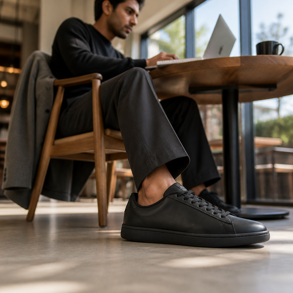 Professional in casualsmart attire with PUMA sneakers during a creative work session at a modern café