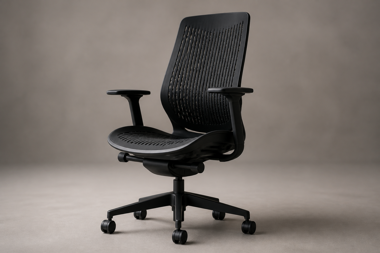 Generic unbranded expensive office chair with hard plastic seat on neutral background