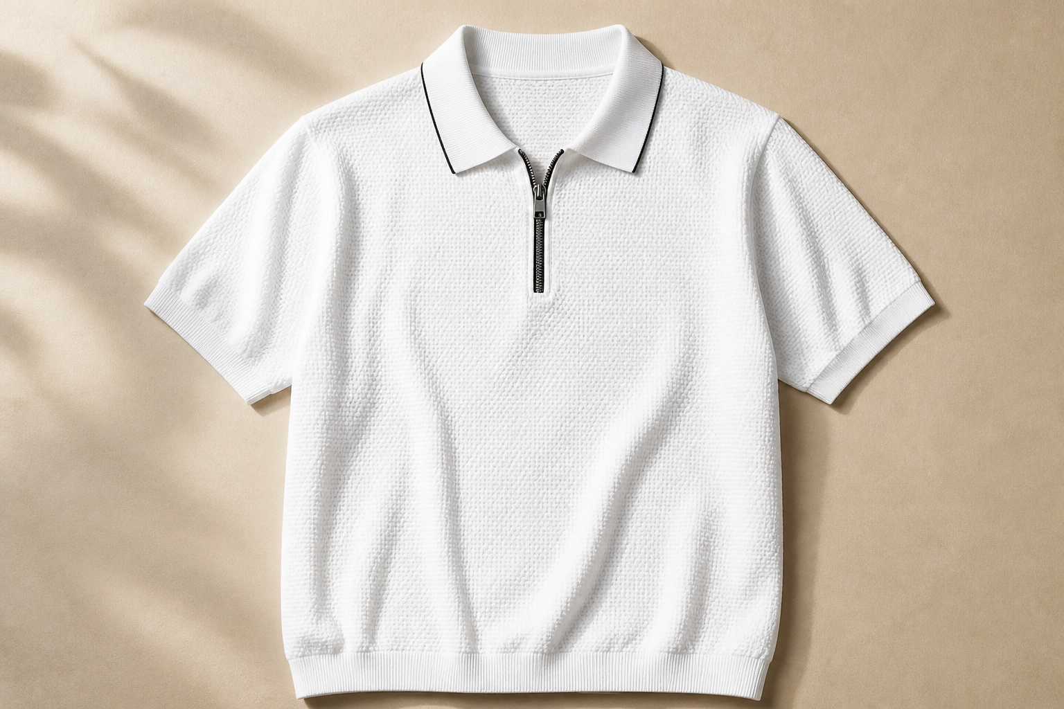 Premium Posh Monk white flat-knit polo t-shirt with structured collar and visible textured knit pattern on warm neutral background