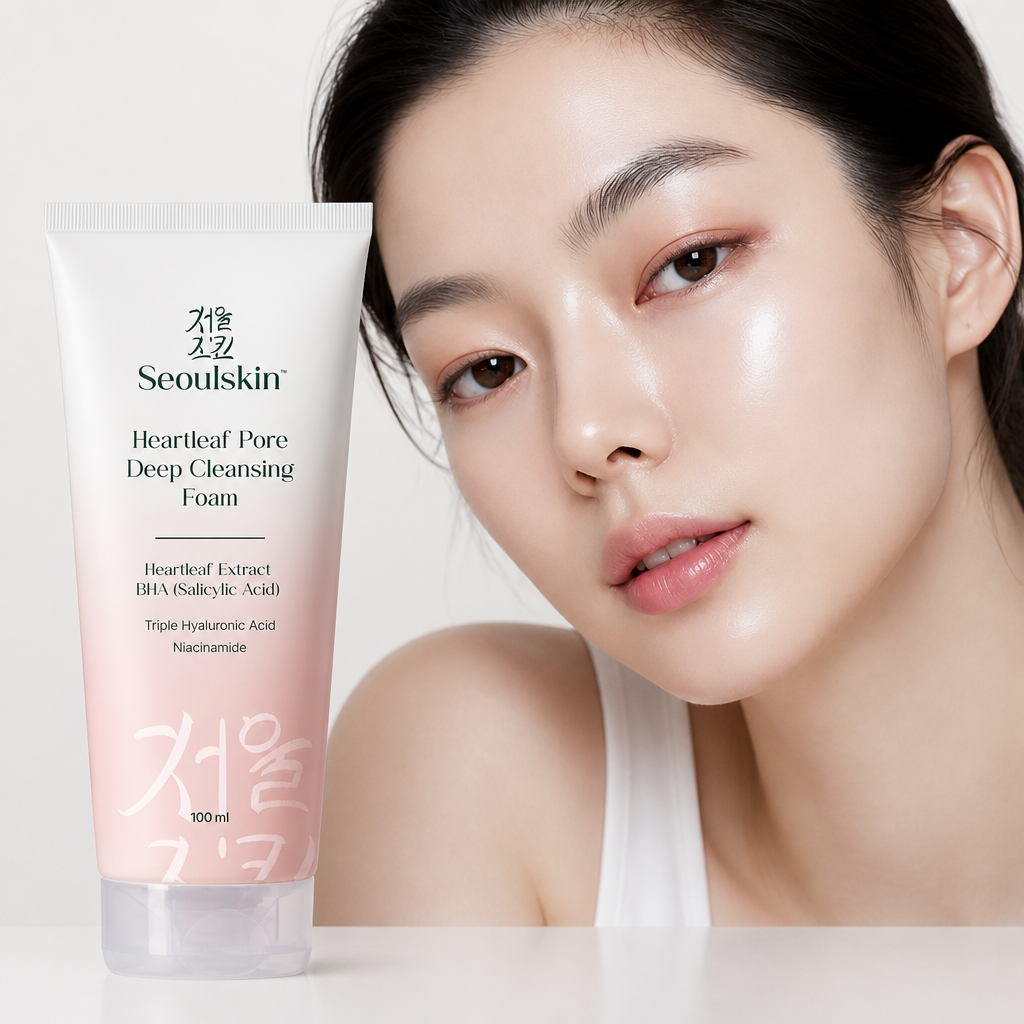 서울스킨 하트리프 모공 딥 클렌징 폼 프리미엄 제품 사진, 심플하고 세련된 packaging과 함께